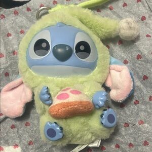 Stich Blue-Faced Bunny in Light Green Fuzzy Hood - Stuffed Keychain